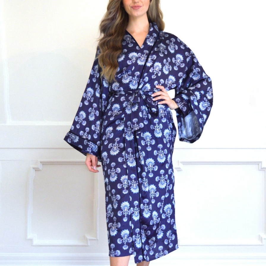 Apparel & Sleepwear 8 Oak Lane  | Navy Fan Satin Robe